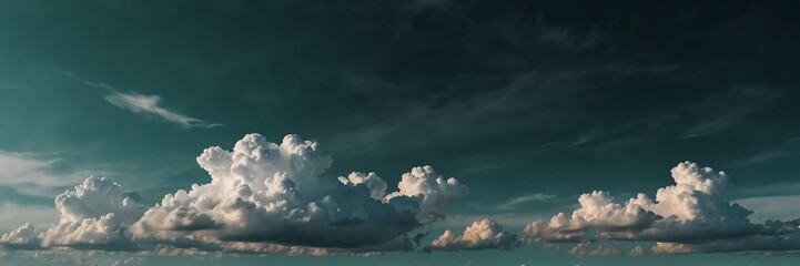 plain midnight green pastel concrete wall background with white puffy clouds panoramic wide angle view from Generative AI
