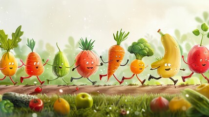 Obraz na płótnie Canvas A group of cheerful cartoon fruits and vegetables jogging together, symbolizing a healthy lifestyle on a simple background
