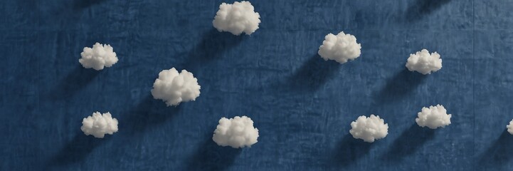 plain royal blue pastel concrete wall background with white puffy clouds panoramic wide angle view from Generative AI