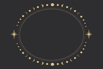 Line golden oval frame, celestial tarot minimal esoteric border, mystyc linear decoration with dots, stars isolated on dark background.  - obrazy, fototapety, plakaty