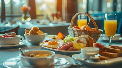 Morning Breakfast with Eggs, Bread, and a Drink