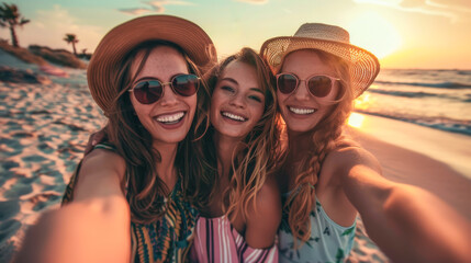 Young women taking a selfie during summer beach vacation - Sunset in background - Models by AI generative