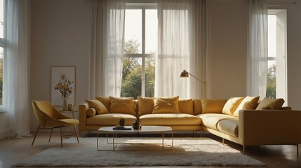 gold white theme accent color empty living room interior minimalist concept design with sofa with morning sunlight from Generative AI