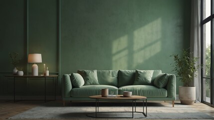 pale green theme accent color empty living room interior minimalist concept design with sofa with morning sunlight from Generative AI