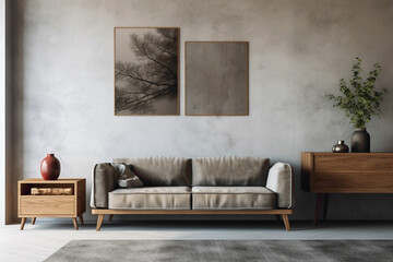 Picture a chic living room featuring wooden furniture against a textured concrete wall. A vacant poster frame on the wall awaits your imaginative artwork.