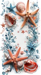 Marine-themed flat lay with starfish, shells, and seaweed on a white background, suitable for summer or nautical designs.