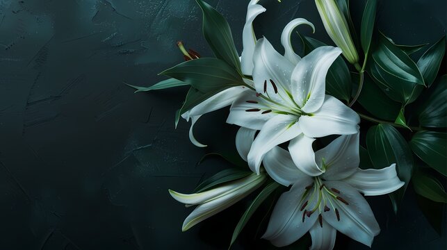 branch of white lilies flowers, condolence card with copy space for text, stock photography