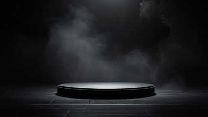 black podium on dark smoke background, product platform