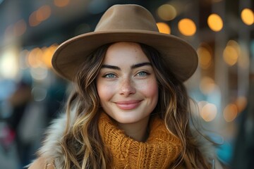 Portrait of smiling woman in 30s with hat in front of mall. Concept Outdoor Photoshoot, Portrait, Woman, Hat, Mall - obrazy, fototapety, plakaty