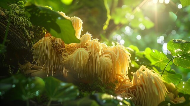the lion's mane mushroom in the lush green oak forest