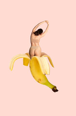 Contemporary art collage. Human vitality with fruitfulness of nature. Woman in beige underwear...
