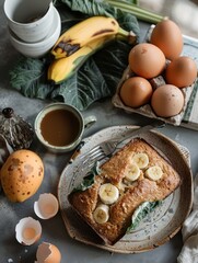 Freshly baked bread in a pan surrounded by ingredients like eggs, bananas, and blueberries, with a cup of coffee on a textured table.