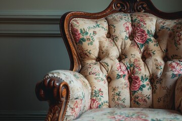 Vintage armchair, floral pattern, cutout on white, natural light, side angle, intricate wood details.
