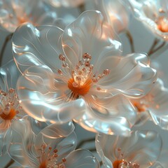 Elegant digital art of translucent flowers with a soft glow, showcasing delicate petals and stamens on a grey background.