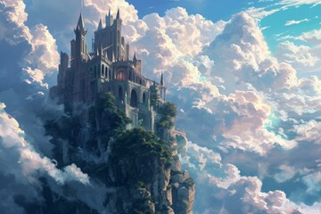 Fantastic magical flying majestic castle palace in the clouds in a fantasy world	
