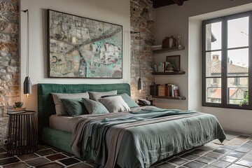 Cozy bedroom interior with a green bed, stylish decor, and a vintage map on the wall.