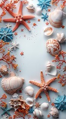 Summer beach background with starfish, shells, and coral on a pastel blue backdrop with copy space.