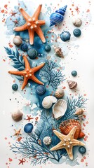 Assorted colorful seashells and starfish arranged on a white background, creating a marine-themed pattern.
