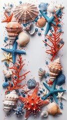 Assorted colorful seashells and starfish arranged on a white background, creating a marine-themed pattern.