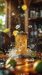 Refreshing iced tea with lemon splash on a wooden table, summer beverage concept.