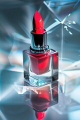 Red lipstick with a sleek design on a reflective surface with artistic metallic background.