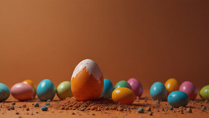 An easter egg in a color splash on ground on orange background, colorful egg, eggs