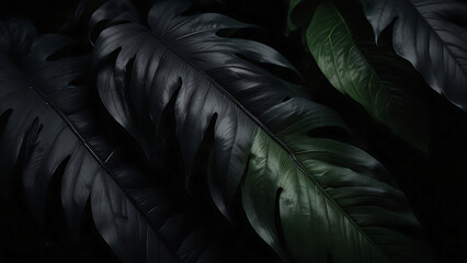 Fototapeta premium Textures of abstract dark black leaves of tropical leaf background. Flat lay, dark nature concept, tropical leaf, dark background, plant