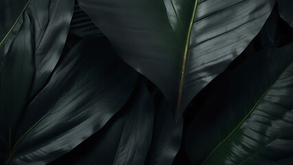 Fototapeta premium Textures of abstract dark black leaves of tropical leaf background. Flat lay, dark nature concept, tropical leaf, dark background, leaf