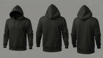 Set of Black front and back view tee hoodie or hoody sweatshirt on transparent background cutout, PNG file, Mockup sample, stock