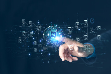 Businessman holding the global digital screen, digital layer effect, business strategy analytic concept, Big data, Cloud computing, Security computer network,data-driven organization.AI,