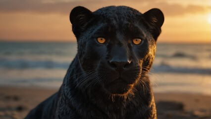 black panther closeup portrait looking on camera at dr debfe-fe-f-afb-eeedeclose-up portrait looking on camera at dramatic sunset on beach background from Generative AI - obrazy, fototapety, plakaty