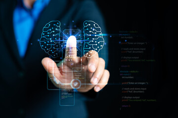 Businessman holding the global digital screen, digital layer effect, business strategy analytic concept, Big data, Cloud computing, Security computer network,data-driven organization.AI,