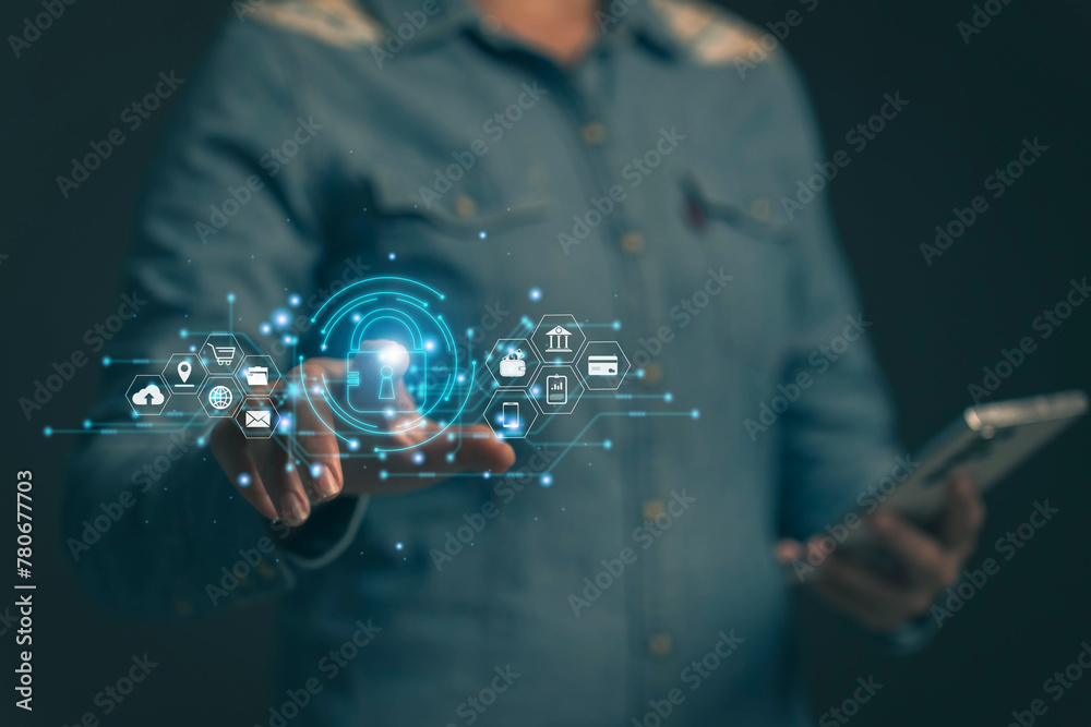 Poster lock icon and internet network security technology. cybersecurity and privacy concepts to protect da