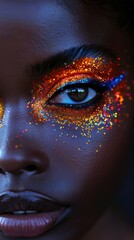 Close-up of a woman with glitter makeup on her eyes, artistic and vibrant against a dark background.