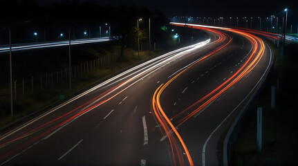 Fototapeta na wymiar Cars lights on the road at night time, Timelapse, hyperlapse of transportation. Motion blur, light trails glowing lines, busy