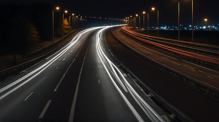 Fototapeta na wymiar Cars lights on the road at night time, Timelapse, hyperlapse of transportation. Motion blur, light trails glowing lines, traffic