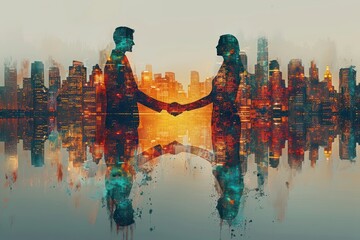 Double exposure of two people shaking hands with a vibrant cityscape background, symbolizing business partnerships.