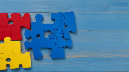 Blue, yellow, red pieces of puzzle frame on wooden background with copy space for text in centre, Top view, broken