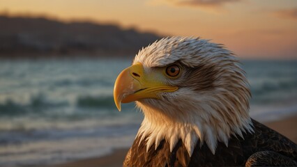 eagle closeup portrait looking on camera at dramatic s edf-ae-e-b-daclose-up portrait looking on camera at dramatic sunset on beach background from Generative AI