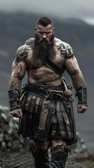 Muscled bearded man with tattoos posing in a dramatic, dark setting, exuding strength and intensity.