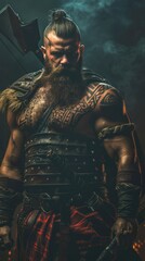 Muscled bearded man with tattoos posing in a dramatic, dark setting, exuding strength and intensity.