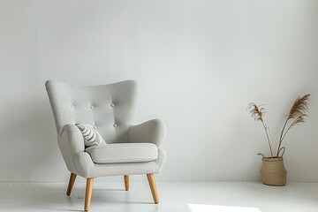 Scandinavian design armchair, light grey fabric, white background, natural daylight,  3/4 camera angle.