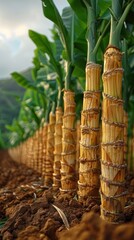 Rows of young corn plants with bamboo supports in fertile soil, showcasing early growth in agriculture.