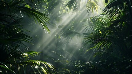 capture a dark rainforest scene with sun rays filtering through the dense foliage, creating a mystical atmosphere