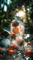 Refreshing fruit-infused water in a clear glass surrounded by vibrant greenery with sunlight filtering through, creating a sparkling effect.