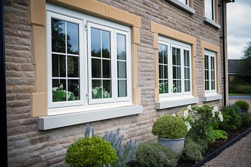 Contemporary White PVC UPVC Windows on Traditional Sandstone House Exterior in a Suburban Setting