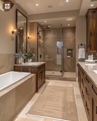 Elegant modern bathroom interior with glass shower, wooden cabinets, and beige tiles.