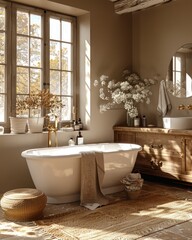 Cozy bathroom interior with freestanding tub, natural light, and warm neutral tones.