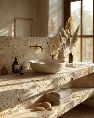 Elegant bathroom interior with natural light, featuring a terrazzo countertop, round sink, and decorative vases with dried plants.
