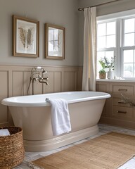 Elegant bathroom with a freestanding bathtub, beige wainscoting, framed artwork, and a window with natural light.
